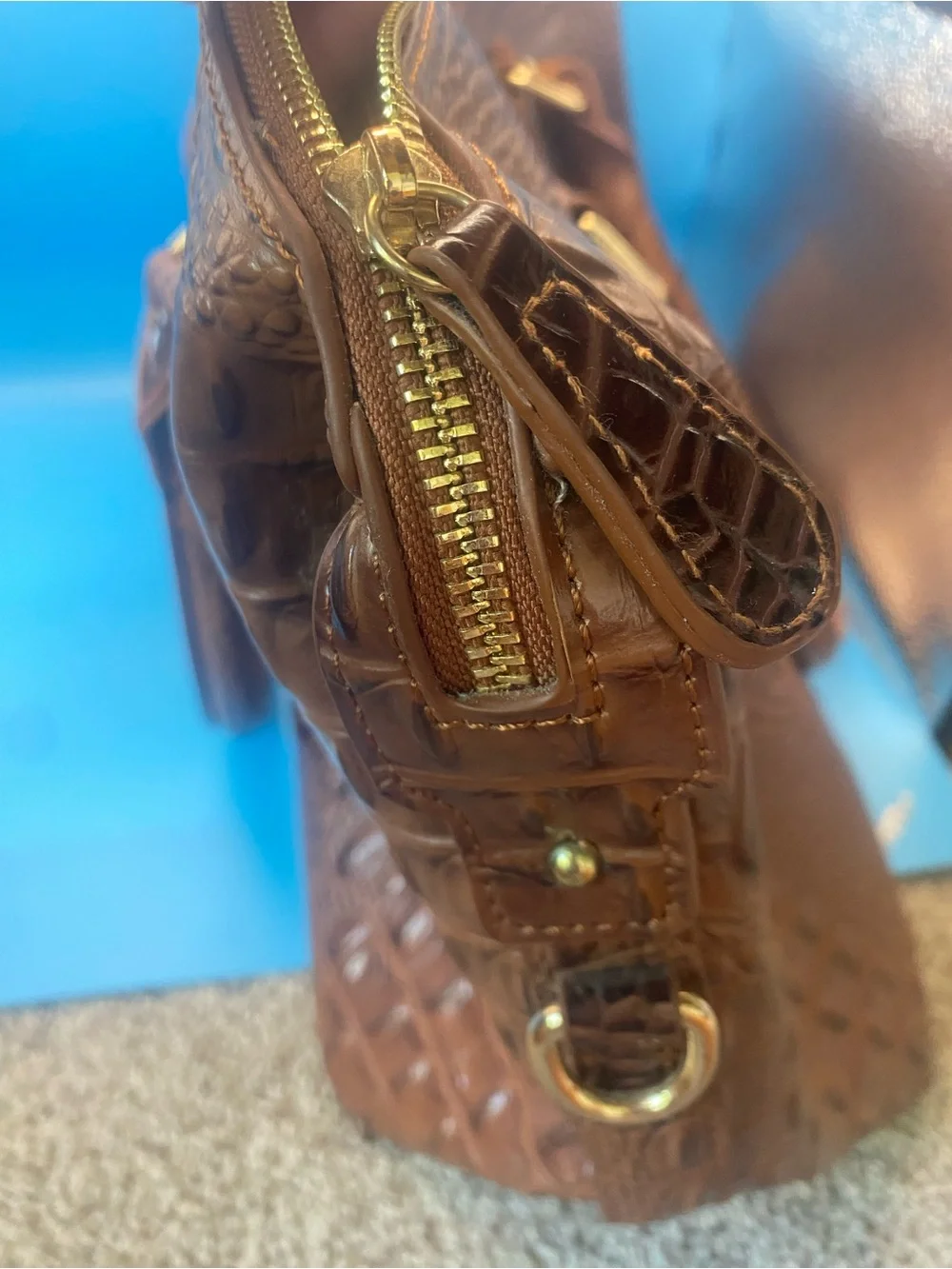 Croc Embossed Brown Leather Satchel Bag Structured Top Handle
